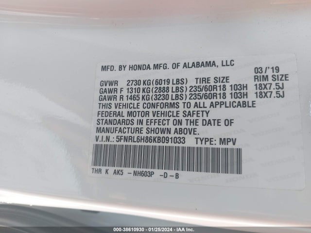 Honda Odyssey Touring 2019 5FNRL6H86KB091033 Image 9