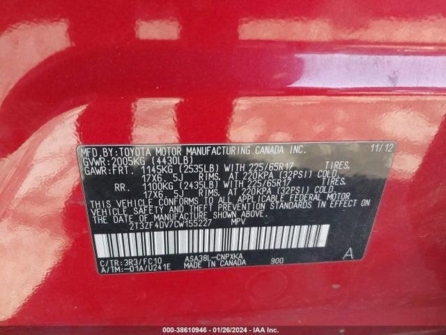 2012 TOYOTA RAV4 VIN: 2T3ZF4DV7CW155227