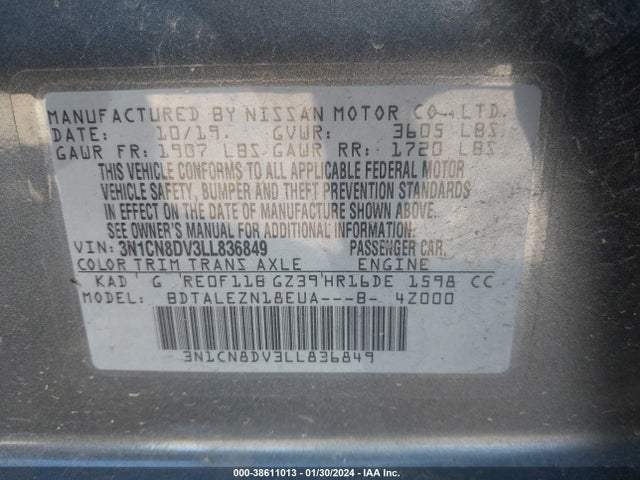 Nissan Versa S Xtronic Cvt 2020 3N1CN8DV3LL836849 Image 9
