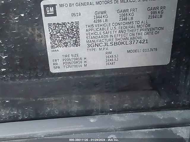 Продажа на аукционе авто 2019 Chevrolet Trax 1lt, vin: 3GNCJLSB0KL377421, номер лота: 38611126