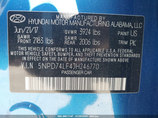 2018 HYUNDAI ELANTRA SE VIN: 5NPD74LF4JH246770