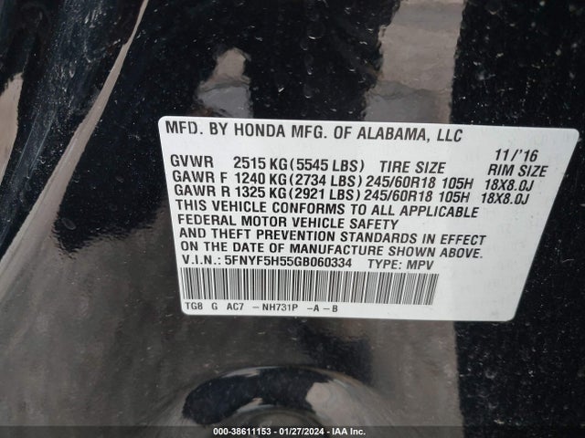 Honda Pilot Ex-l 2016 5FNYF5H55GB060334 Image 9