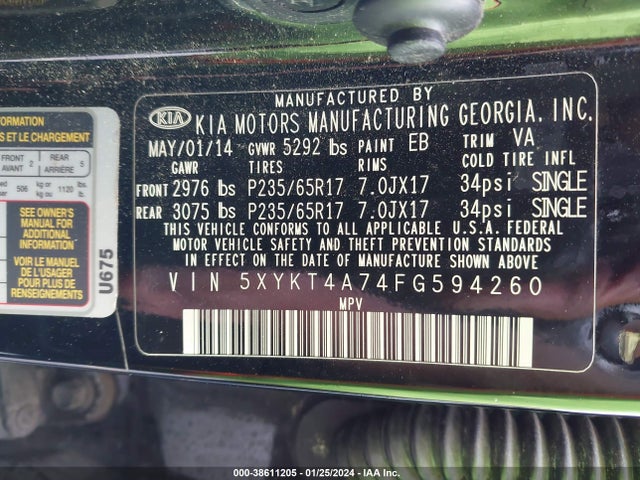 KIA Sorento Lx V6 2015 5XYKT4A74FG594260 Image 9