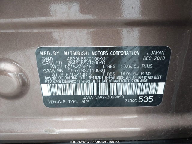JA4AT3AA2KZ029853 Mitsubishi Eclipse Cross Es