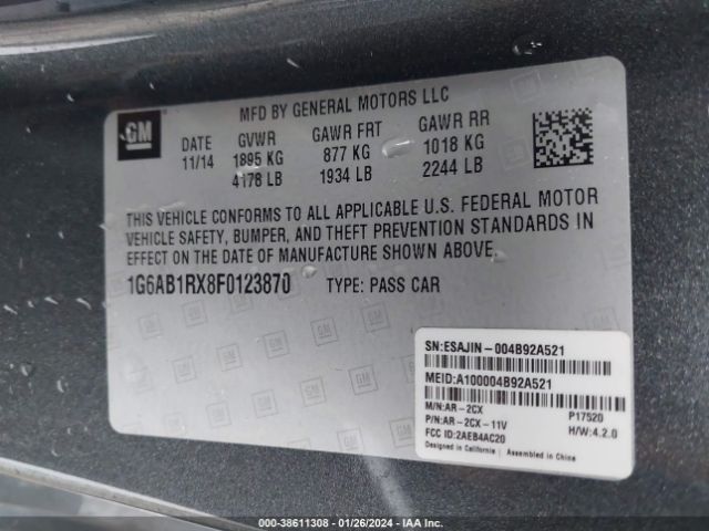 1G6AB1RX8F0123870 Cadillac ATS LUXURY