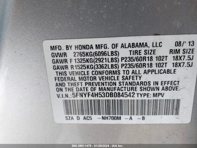2013 HONDA PILOT EX-L VIN: 5FNYF4H53DB084542