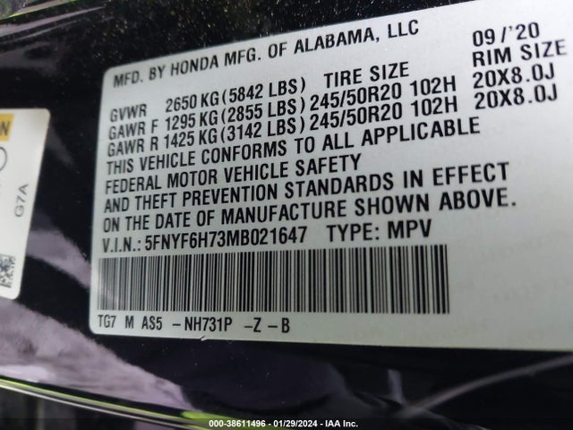 5FNYF6H73MB021647 Honda Pilot Awd Black Edition