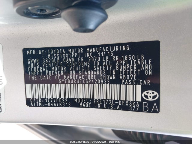2016 TOYOTA COROLLA S PLUS VIN: 5YFBURHEXGP420933