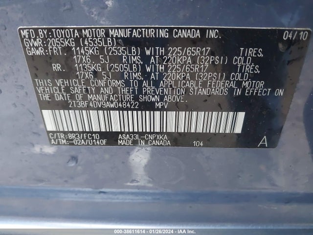 2010 TOYOTA RAV4 VIN: 2T3BF4DV9AW048422