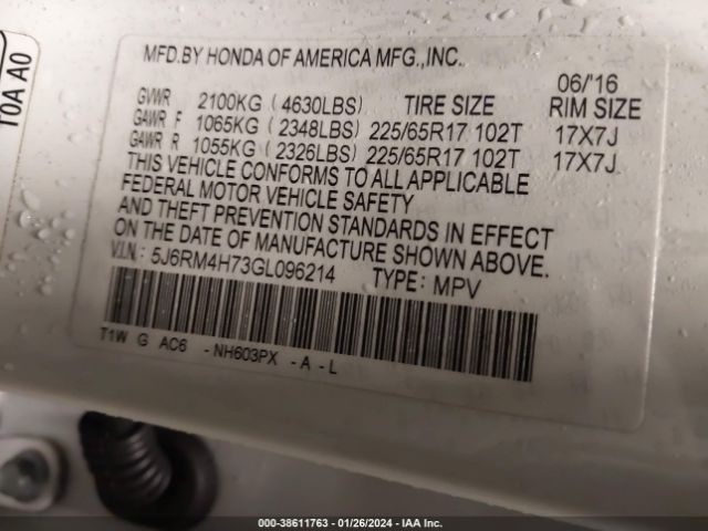 5J6RM4H73GL096214 Honda Cr-v Ex-l
