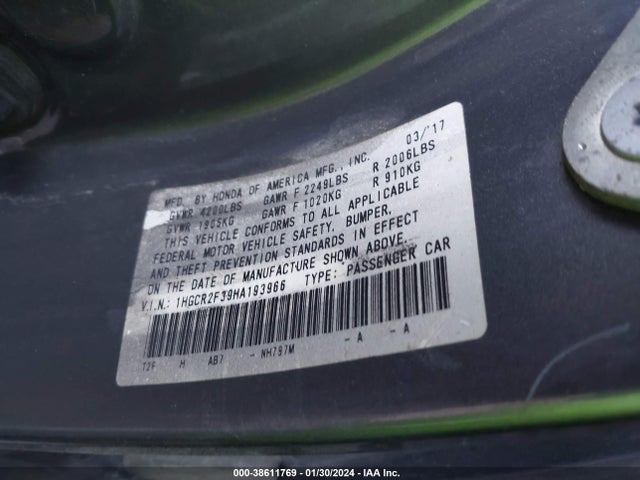 Honda ACCORD LX 2017 1HGCR2F39HA193966 Image 9