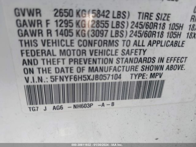 5FNYF6H5XJB057104 Honda Pilot Ex-l