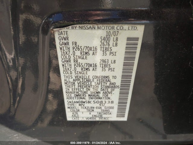 2008 NISSAN XTERRA S VIN: 5N1AN08W58C508338