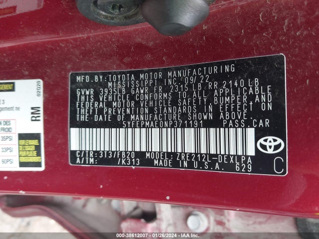 Toyota COROLLA LE 2022 5YFEPMAE0NP371191 Image 9