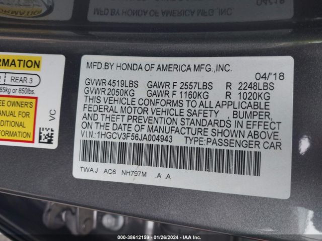 1HGCV3F56JA004943 Honda Accord Hybrid Ex-l