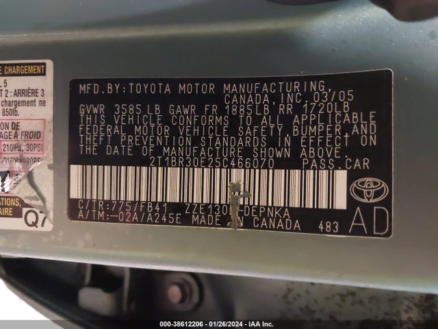 2005 TOYOTA COROLLA LE VIN: 2T1BR30E25C466070