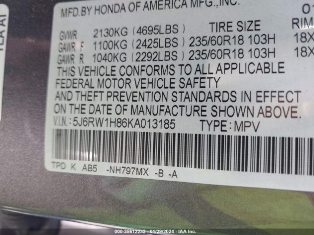 5J6RW1H86KA013185 Honda Cr-v Ex-l