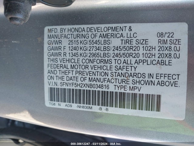Honda Pilot 2wd Special Edition 2022 5FNYF5H2XNB034816 Image 9