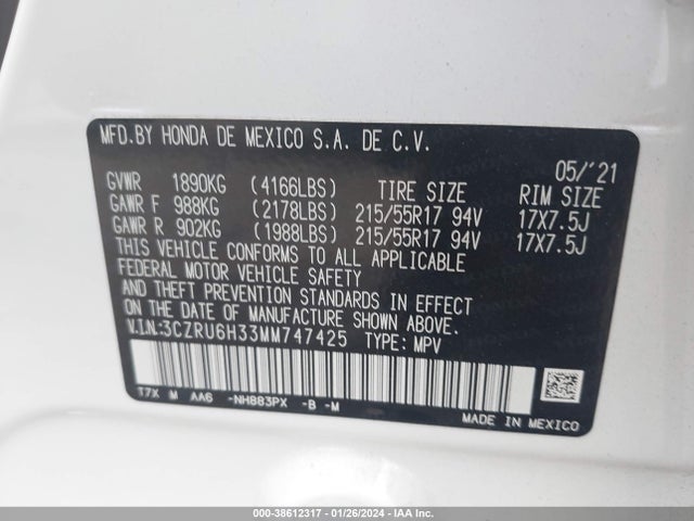 Honda Hr-v Awd Lx 2021 3CZRU6H33MM747425 Image 9