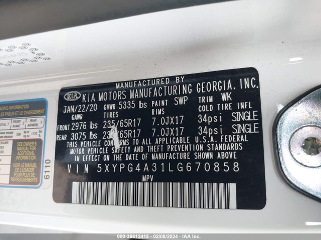 KIA Sorento 2.4l Lx 2020 5XYPG4A31LG670858 Image 9