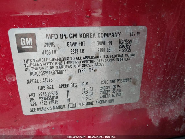 KL4CJGSM4KB760811 Buick Encore Awd Essence