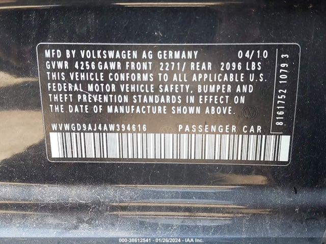 2010 VOLKSWAGEN GTI 4-DOOR VIN: WVWGD9AJ4AW394616