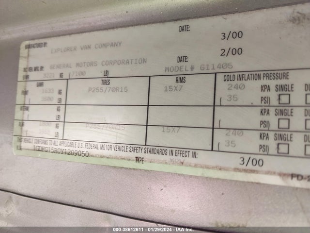 2000 GMC SAVANA RV VIN: 1GDFG15R0Y1209050