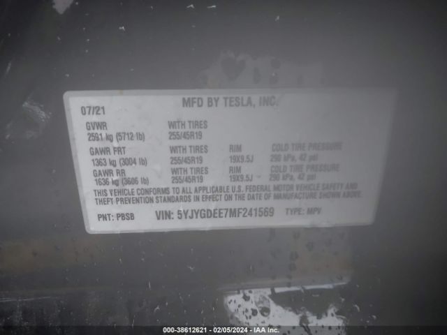 2021 TESLA MODEL Y 5YJYGDEE7MF241569 Photo 8