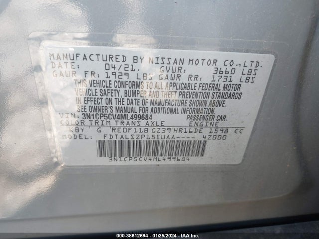 Aukcja sprzedaży 2021 Nissan Kicks Sv Xtronic Cvt, vin: 3N1CP5CV4ML499684, numer aukcji: 38612694