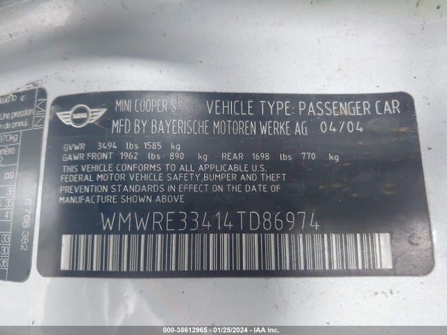 2004 MINI COOPER S WMWRE33414TD86974 Photo 8