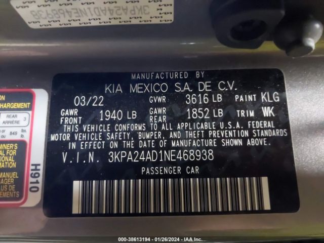 3KPA24AD1NE468938 KIA RIO S