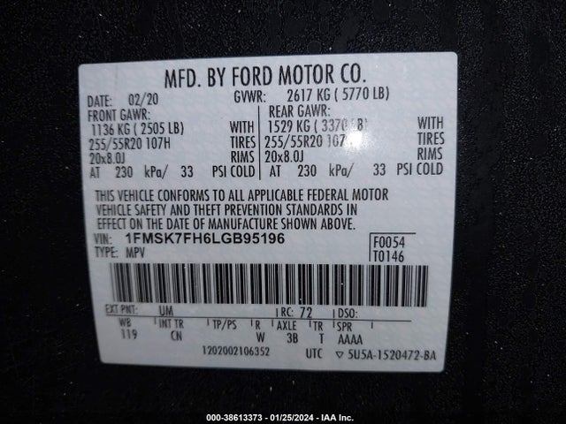 Продажа на аукционе авто 2020 Ford Explorer Limited, vin: 1FMSK7FH6LGB95196, номер лота: 38613373