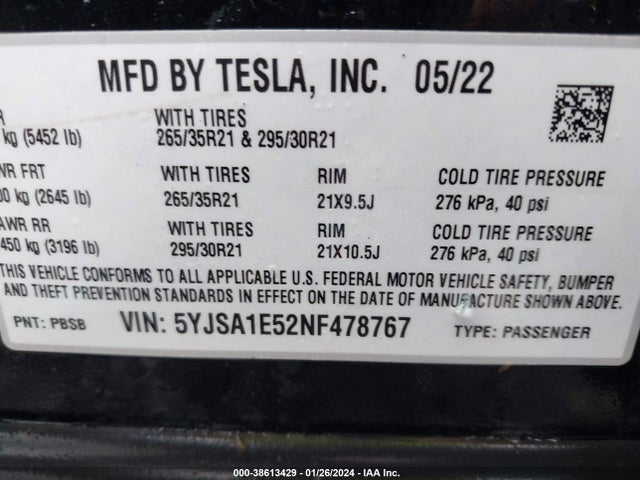 Tesla MODEL S 2022 5YJSA1E52NF478767 Image 19