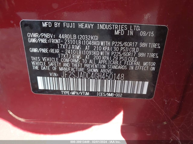 2016 SUBARU FORESTER 2.5I PREMIUM VIN: JF2SJADC4GH450148