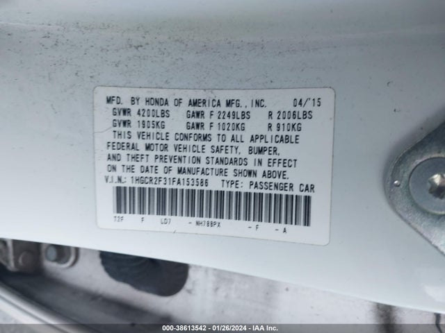 Honda ACCORD LX 2015 1HGCR2F31FA153586 Image 9