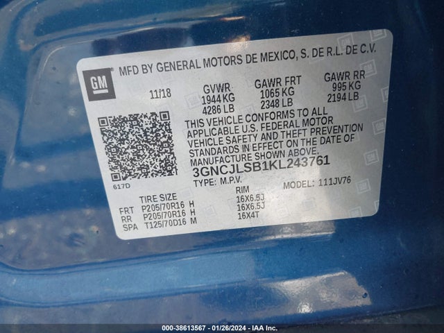 Chevrolet Trax Lt 2019 3GNCJLSB1KL243761 Image 9