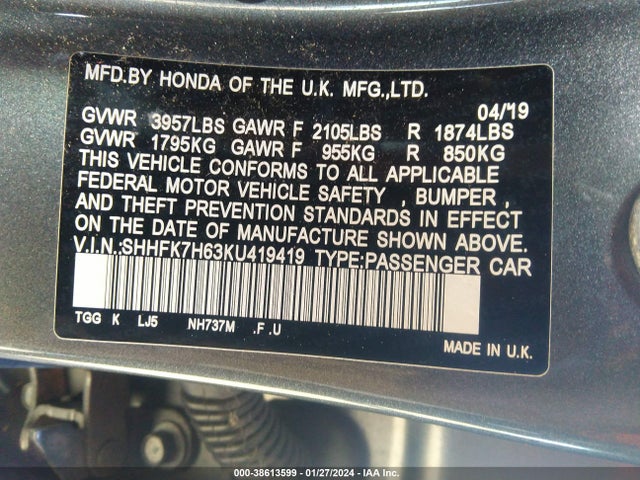 Honda CIVIC EX 2019 SHHFK7H63KU419419 Image 9
