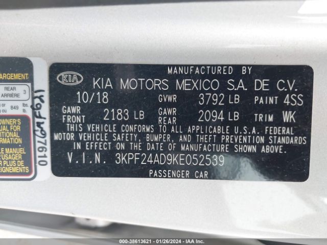 3KPF24AD9KE052539 KIA Forte Lxs