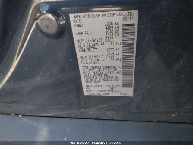 Nissan ROGUE SV 2015 5N1AT2MT2FC759585 Image 9