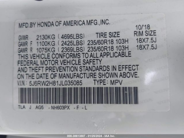 5J6RW2H81JL035085 Honda Cr-v Ex-l/ex-l Navi