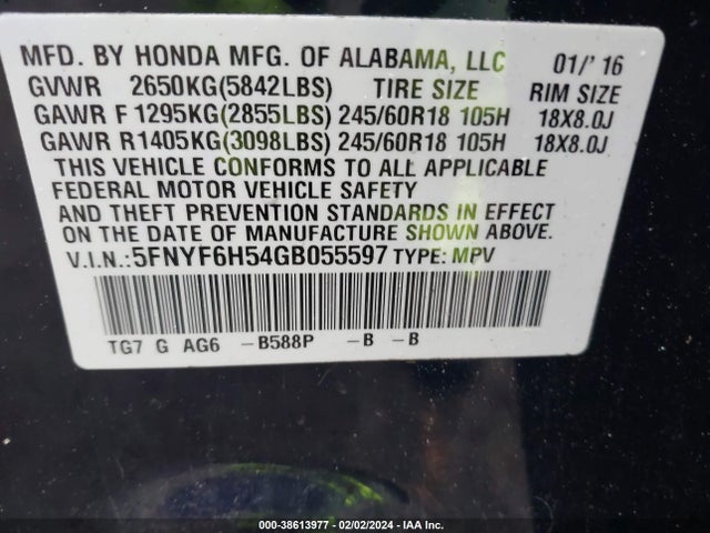 Honda Pilot Ex-l 2016 5FNYF6H54GB055597 Image 9