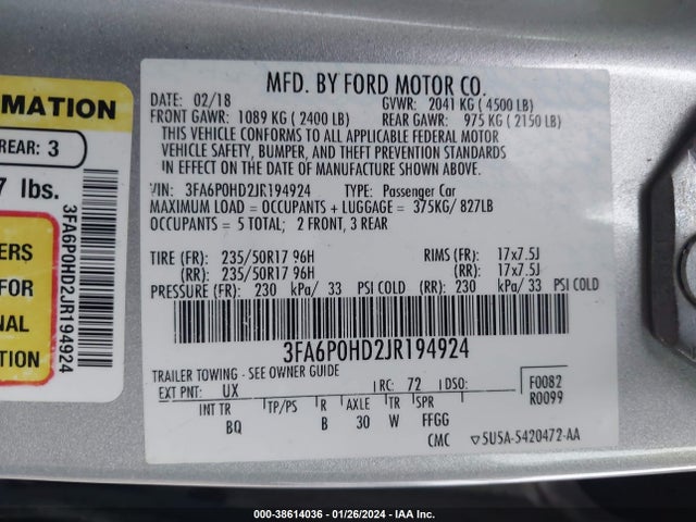 Ford FUSION SE 2018 3FA6P0HD2JR194924 Image 9
