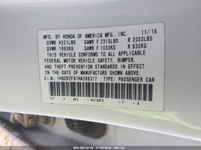 2017 HONDA ACCORD EX-L VIN: 1HGCR2F87HA098317