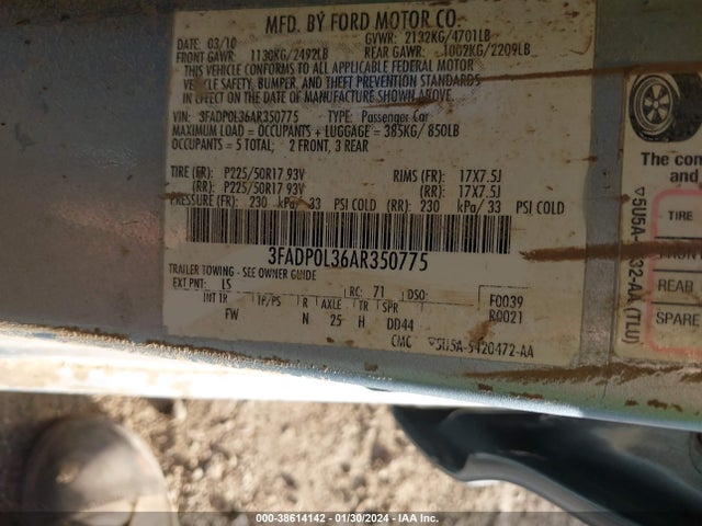 2010 FORD FUSION HYBRID VIN: 3FADP0L36AR350775