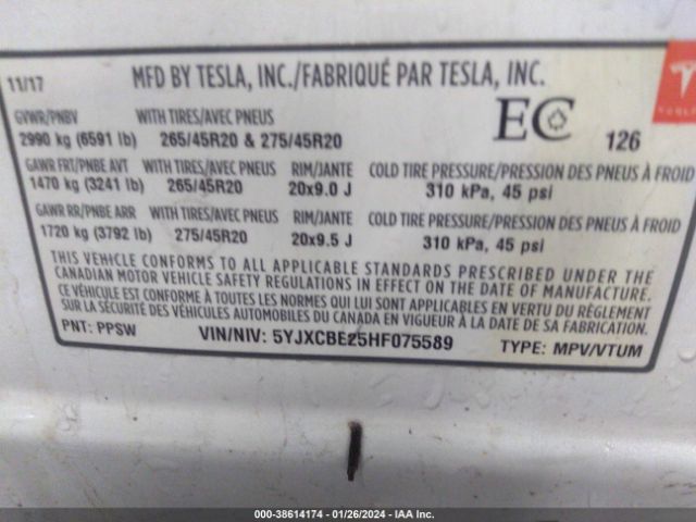 5YJXCBE25HF075589 Tesla Model X 100d/75d/90d