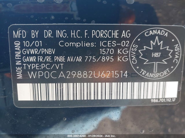 2002 PORSCHE BOXSTER WP0CA29882U621514 Photo 8