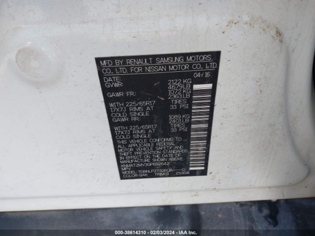 KNMAT2MV3GP692642 Nissan Rogue S/sl/sv