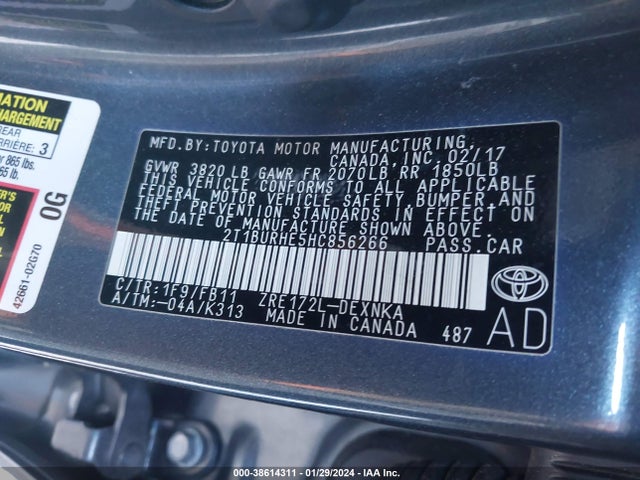 2017 TOYOTA COROLLA LE VIN: 2T1BURHE5HC856266