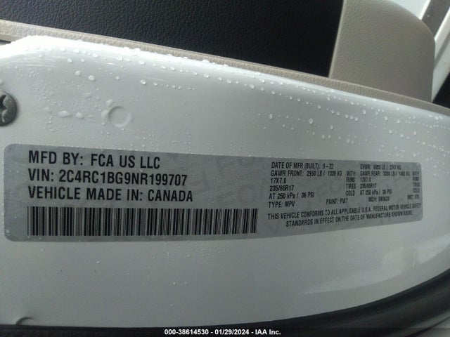 2022 CHRYSLER PACIFICA TOURING L VIN: 2C4RC1BG9NR199707