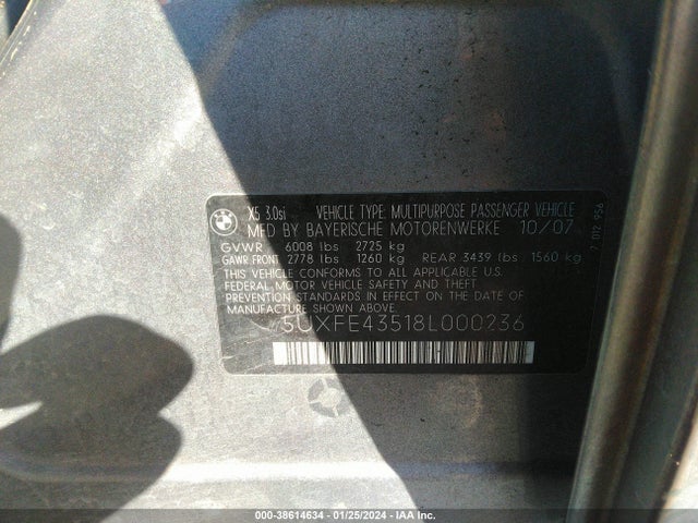 2008 BMW X5 3.0SI VIN: 5UXFE43518L000236